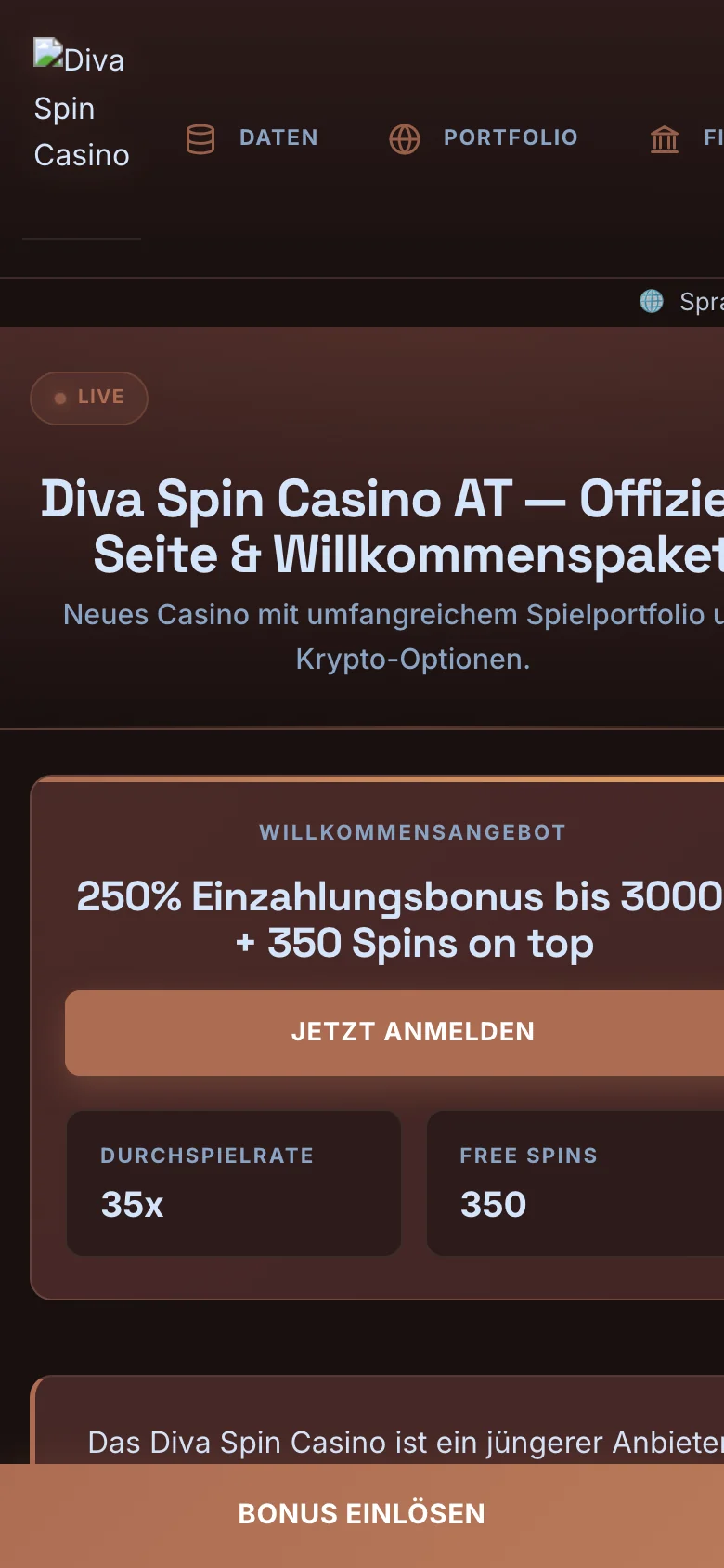 Diva Spin Casino mobile lobby screenshot