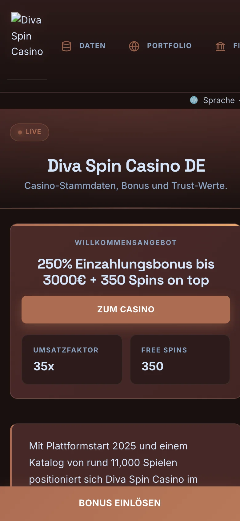 Diva Spin Casino mobile lobby screenshot