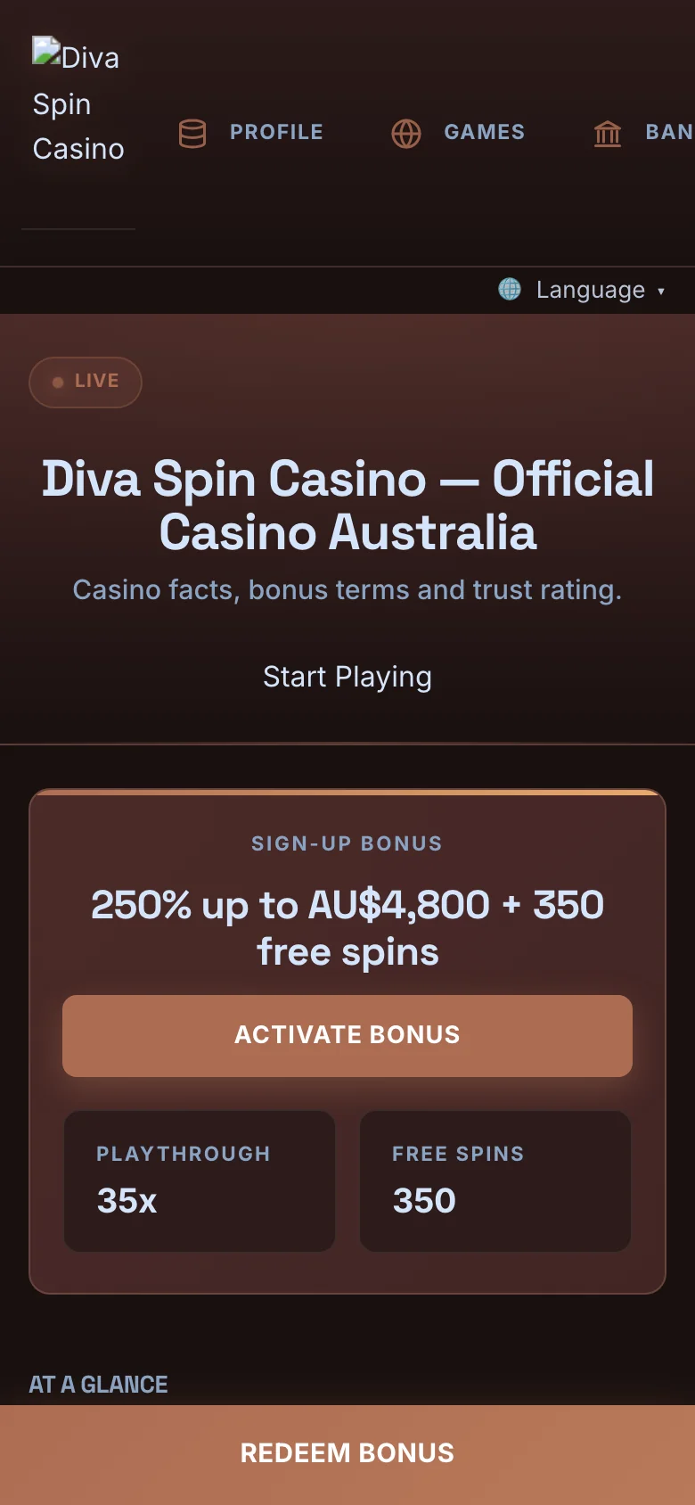 Diva Spin Casino mobile lobby screenshot